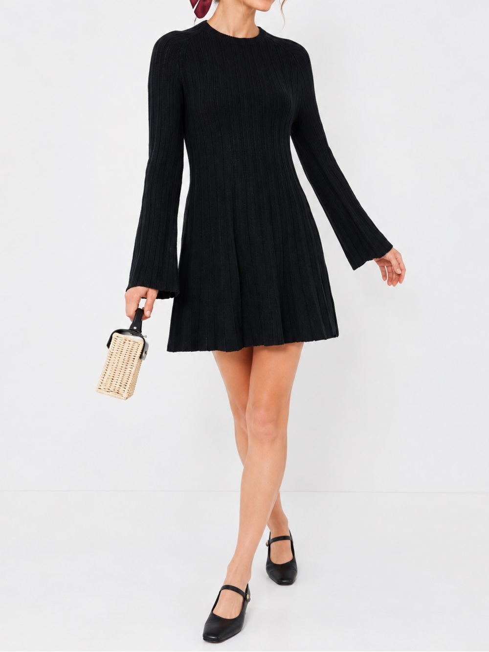 Pomander Place Black Ribbed Long-Sleeve Mini Dress Size L